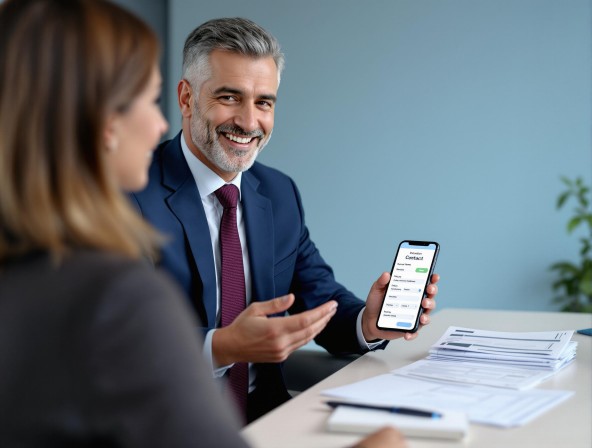 An insurance broker using Ultra Smart Card on their smartphone during a client consultation. The screen displays a digital contact form with custom fields for policy information and financial goals. The meeting takes place in a professional office setting with financial documents visible nearby.