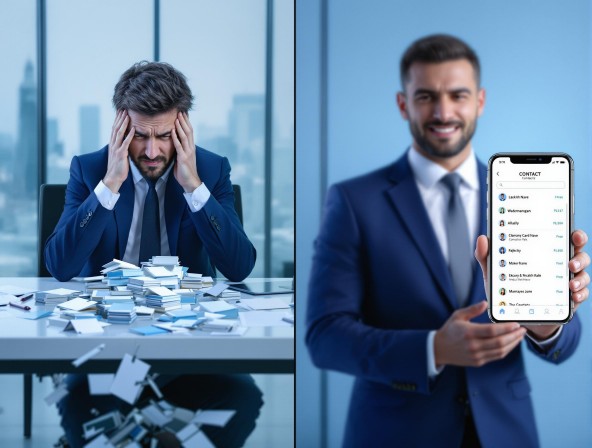 A split-screen image showcasing two contrasting scenes in a modern office setting. On the left, a stressed individual sits at a desk cluttered with messy piles of business cards, appearing overwhelmed. On the right, a confident professional stands, using a smartphone app to manage neatly organized digital contacts, exuding efficiency and organization.