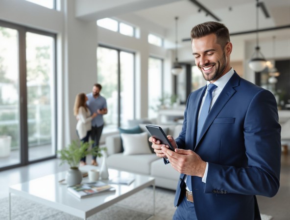 A real estate agent using Ultra Smart Card on their smartphone at a property showing, capturing client information while discussing property details.