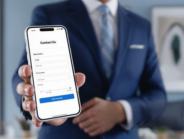 A sales professional in business attire holding a smartphone in the left hand, displaying a contact form in a modern office setting.